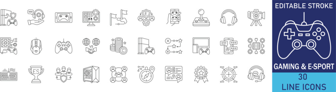 Gaming and e-sport competitive championship line icon set. Vector symbols for video game controller, streaming headset, cyber league trophy, and pro gamer computer hardware.