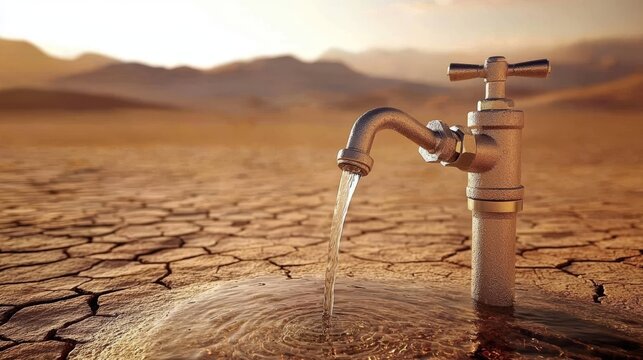 The isolated water tap symbolizes scarcity in the arid surroundings.