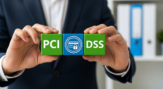 Businessman holding PCI DSS wooden blocks for secure credit card payment standard