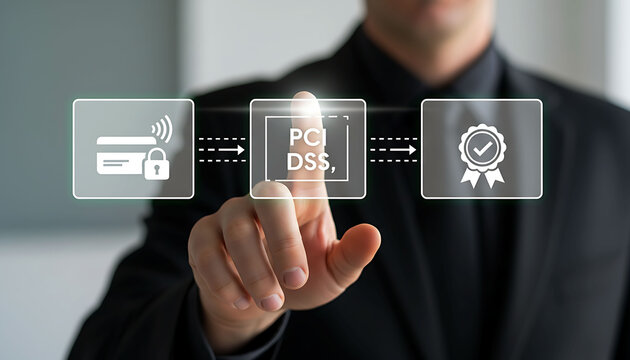 Businessman pointing at PCI DSS compliance verification flow screen interface