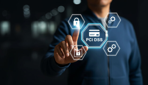 Man touching PCI DSS compliance credit card data safety virtual screen interface