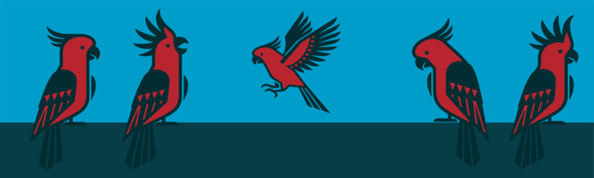 Illustration of red parrots with black wings against a blue background, with one bird in flight and others perched.