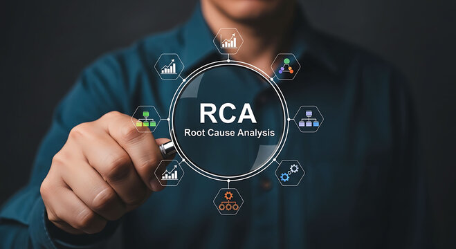 Man holding magnifying glass looking at RCA root cause analysis business process