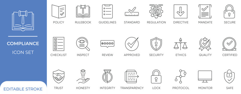 Compliance, Law, Regulation, and Ethics Minimalist Line Art Vector Icon Set with Editable Stroke