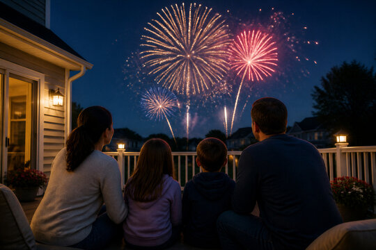Family watching fireworks together on residential backyard deck