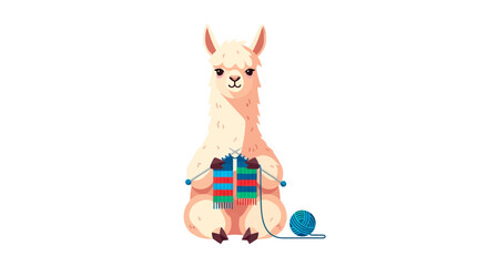 Obraz premium Cute Llama Knitting Scarf, Yarn and Needles, White Background