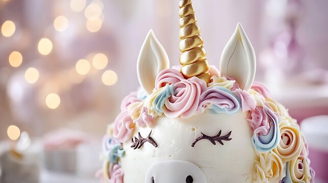 Adorable unicorn cake with golden horn and pastel frosting decorations for a magical birthday celebration