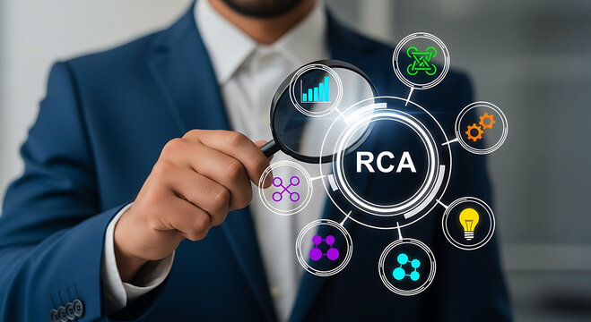 Businessman holding magnifying glass to inspect RCA root cause analysis system