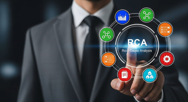 Businessman pointing at RCA root cause analysis virtual screen with business icons