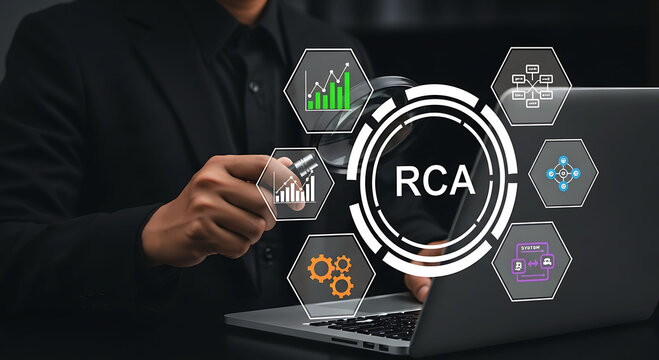 Businessman using laptop for RCA root cause analysis with magnifying glass