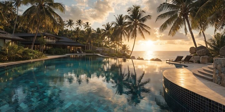 Infinity pool at luxury tropical resort overlooking ocean during golden sunset with swimming pool tropical vacation swimming paradise relaxing landscape sunlight peaceful wellness