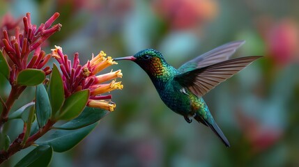 Fototapeta premium A hummingbird drinking nectar from a flower 