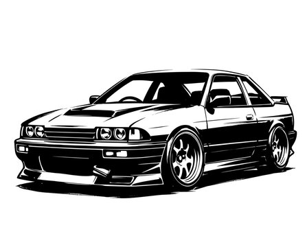 Modified Japanese sport coupe illustration. Automotive drift culture graphic. Bold ride apex stencil art car design. Performance vehicle vector.