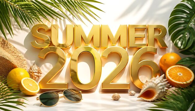 Summer 2026 gold 3D text display with tropical leaves citrus and accessories 3D text summer sale summer vibes tropical decor summer event summer background beach theme tropical foliage