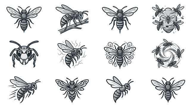 Detailed gray hornet and wasp line art illustrations.