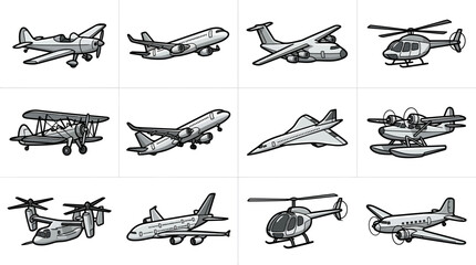 Diverse aircraft and helicopter illustration set. © Wawa