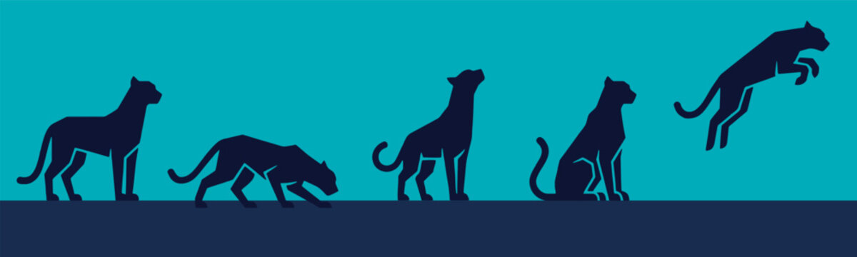 Black Panther Silhouettes in Various Poses, Including Standing, Crouching, Sitting, and Jumping.