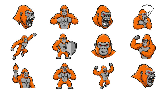 Diverse orange gorilla character expressions and poses.
