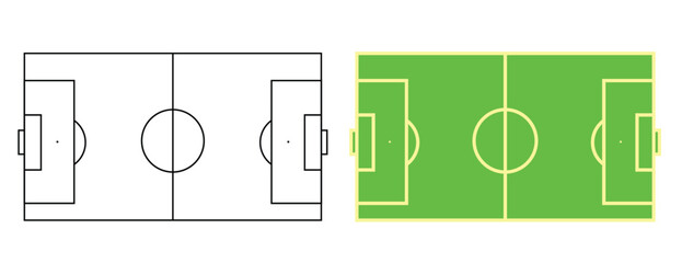 Soccer field and football pitch layout vector elements. Flat outline and green top view playground diagram representing sports stadium plan, tactical board, and game strategy © Articurve