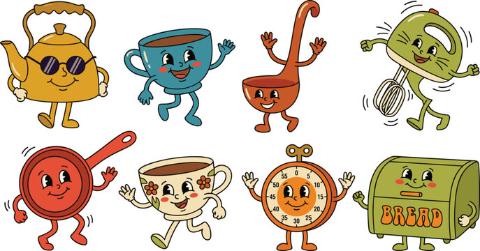 Groovy kitchenware vector illustration set featuring retro 1970s style cartoon characters of a kettle, coffee teacup, ladle, hand mixer, frying pan, timer, and breadbox isolated on white.