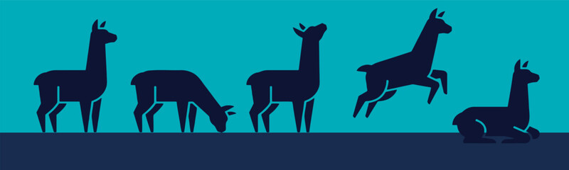 Obraz premium Llama silhouettes in various poses: standing, grazing, jumping, and resting, against a blue background.