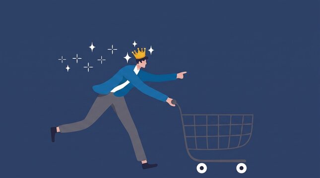 King shopping customer running with empty cart pointing forward conceptual vector illustration

