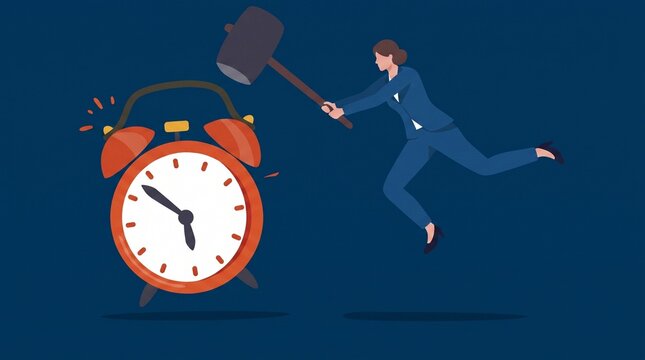 Business woman smashing alarm clock with giant hammer destroying deadline concept vector illustration

