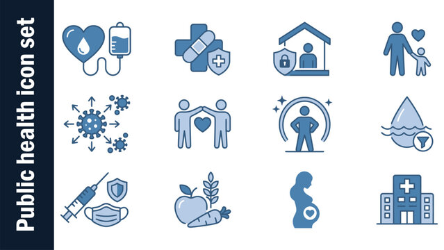 Public health icon set. Containing hospital, vaccination, emergency, hygiene, immunity, medicine, quarantine, prevention, treatment, wellness and more. Solid vector icons collection.
