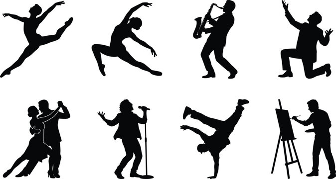 Set of performing arts and creative talent silhouettes representing music dance acting and fine art concepts