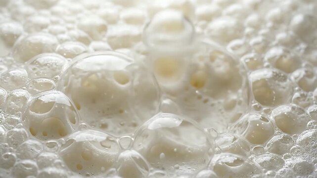 Foam bubble close up with transparent white liquid texture, soft air reflections, and smooth surface creating delicate, airy, and soft patterns with light reflection and round shapes