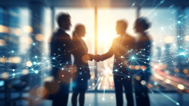 Blurred business professionals shaking hands in modern office against sunset window background with glowing digital network connections representing global corporate partnership and future technology