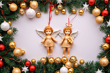 Obraz premium Two Christmas angels surrounded by festive gold and red ornaments on pine branches