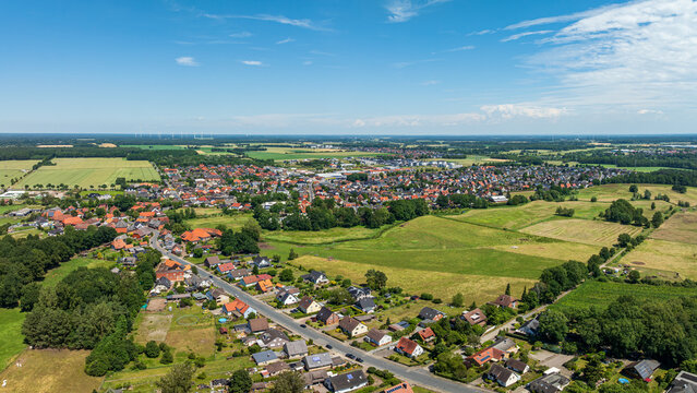 Aerial drone view of Weyhausen near Wolfsburg, District of Gifhorn, Lower Saxony, Germany