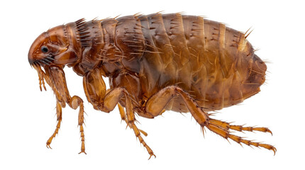 Detailed close-up of a brown flea insect, parasite anatomy, biting arthropod, microscopic view, segmented body, legs, antennae, medical pest concept, isolated on transparent background. © Png ProTeam