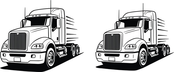 Heavy duty semi truck collection, commercial freight transport line art vector illustration isolated logistics vehicle design set © Ara