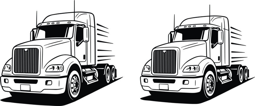 Heavy duty semi truck collection, commercial freight transport line art vector illustration isolated logistics vehicle design set