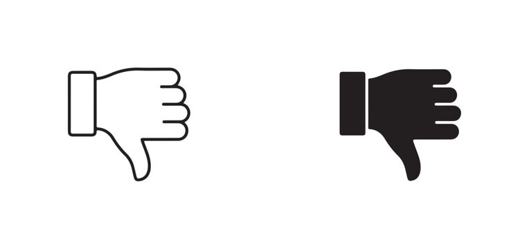 Thumbs down hand icons in line and solid style for dislike or no symbol