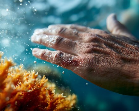 Diver's hand cut by sharp fire coral reef underwater, symbolizing human interference, marine eco-tourism hazards, ecological boundaries, and reef defense.