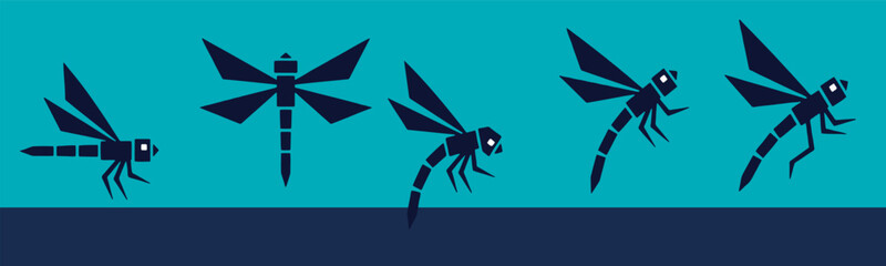 Vector illustration of a group of dragonflies in various poses against a blue background, showcasing their intricate wings and bodies. © Riki
