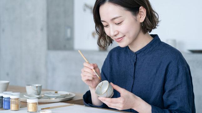 アトリエで器の金継ぎをする女性のライフスタイル
