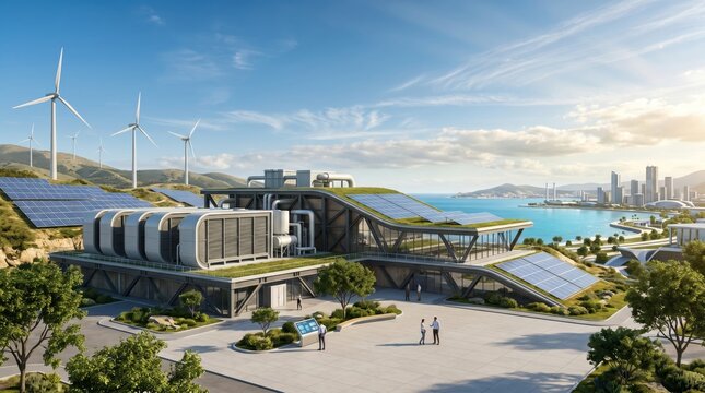 Modern sustainable architecture with green energy solutions located by the shore