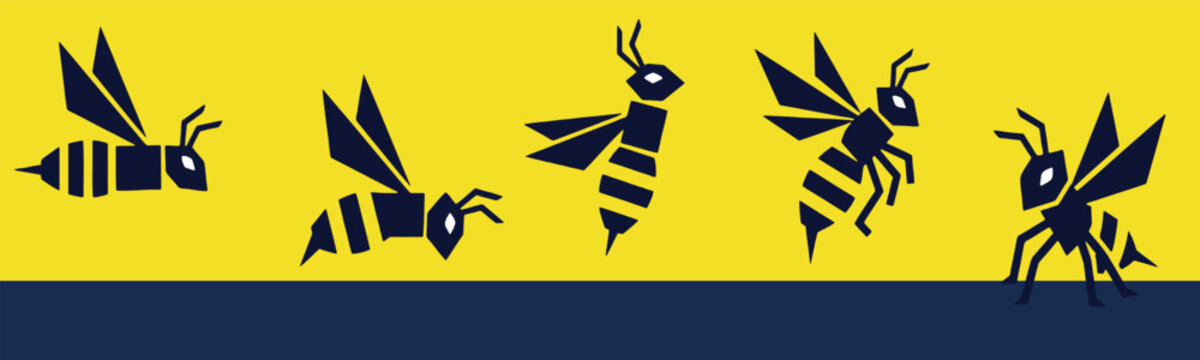 Stylized Vector Illustration of Multiple Bees in Various Poses on a Yellow and Blue Background.