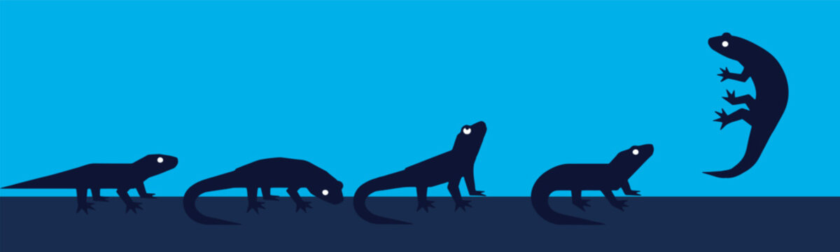 Abstract illustration of lizard-like creatures in various poses against a blue background.