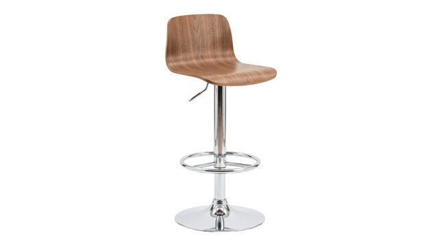 Modern wooden bar stool isolated on transparent background adjustable counter height chair with chrome metal base and footrest furniture interior design png.
