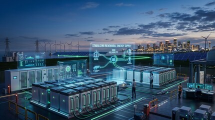 Naklejka premium Futuristic renewable energy management system in urban setting with advanced technology and data visualization