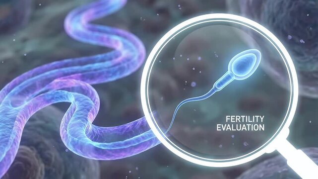 Fertility evaluation concept sperm cell magnifying glass microscopic view sperm dna strand reproductive health biology research 3D illustration microscopic sperm analysis conception study