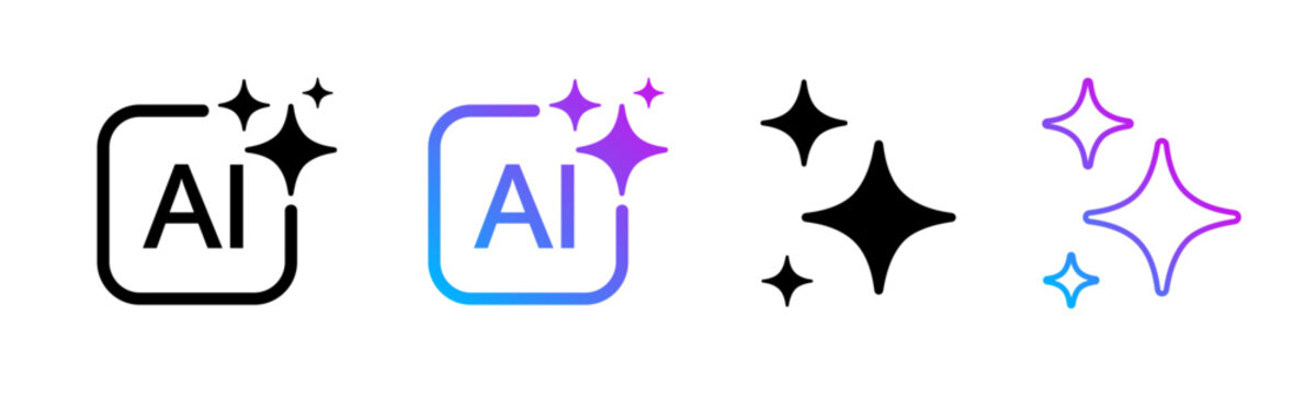 Generative AI sparkle, AI generate icon set, sparkle star with square button, artificial intelligence star logo