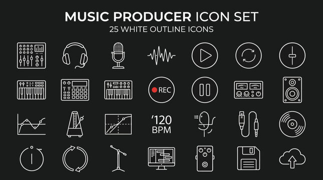 Music producer icons showcase various music production elements on a digital interface.