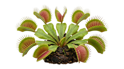 Venus flytrap plant with green leaves and red lobes open to catch prey macro photography captured studio isolated on transparent background cutout asset. © Png ProTeam