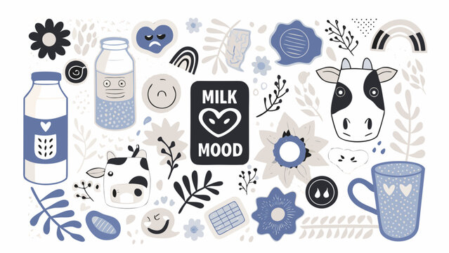 Floral ornament and dairy product illustrations in a vector style with a white background botanical bloom